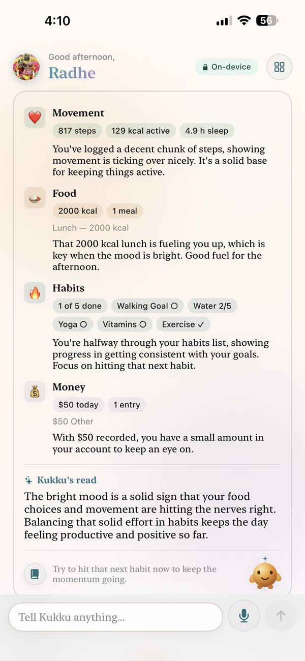 Kukku Smart Card summarising movement, food, habits and money with Kukku's plain-English read of the day